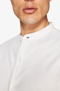 Sand linen blend striped mandarin collar shirt
