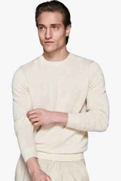 Sand melange textured crewneck sweater