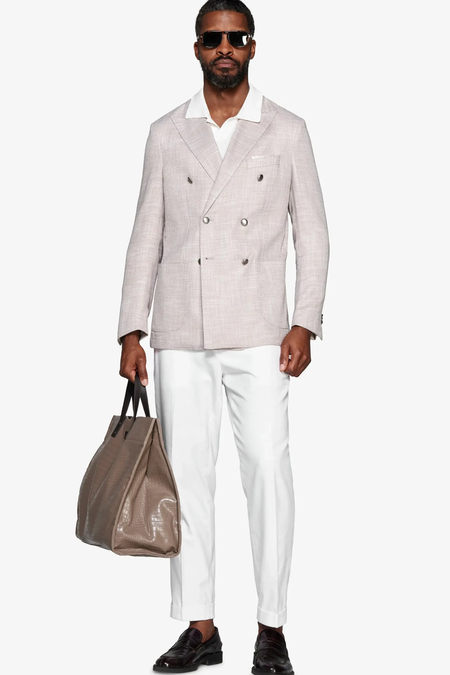 Sand structured double-breasted blazer