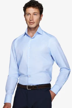Slim-fit plain sky-blue twill shirt