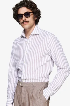 Taupe linen blend striped shirt