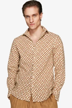 Tobacco linen blend circles print shirt