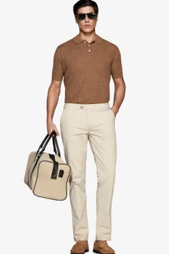 Tobacco linen blend knit polo shirt