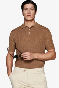 Tobacco linen blend knit polo shirt