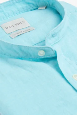 Turquoise linen blend mandarin collar shirt