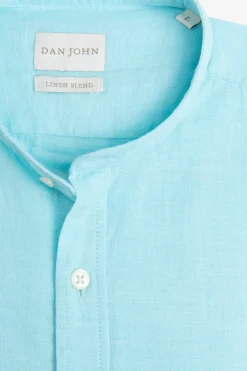 Turquoise linen blend mandarin collar shirt