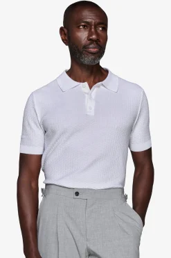 White dice-stitch knit polo shirt