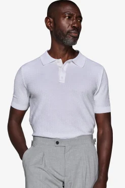 White dice-stitch knit polo shirt